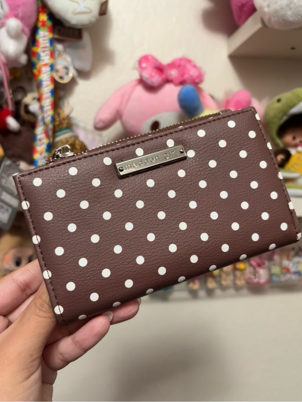 madden girl brown polka dot wallet
